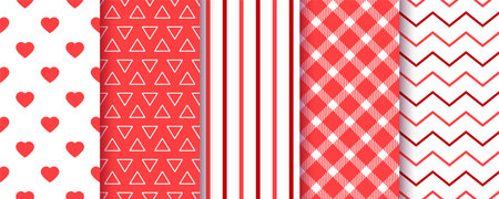 Valentine seamless pattern. Love backgrounds. Prints with hearts, stripes, zigzag, trees and checkered. Set red romantic textures. Retro wrapping paper. Vector illustration. Backdrops for scrapbookingのイラスト素材