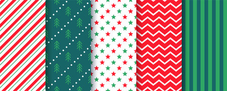 Seamless pattern. Christmas, New year print. Vintage backgrounds with candy cane stripe, tree, star and zigzag. Set red green textures. Collection wrapping paper. Scrapbook design. Vector illustrationのイラスト素材