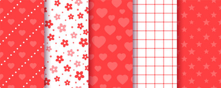 Valentine's day seamless pattern. Love backgrounds. Textures with hearts, flowers and plaid. Set of romantic vintage prints for scrapbooking. Collection red wrapping papers. Vector illustrationのイラスト素材