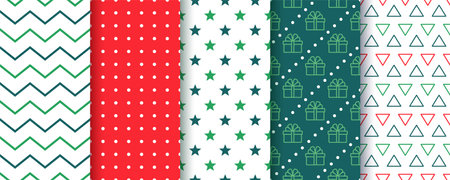 Seamless pattern. Christmas backgrounds. Red green prints with zigzag, polka dot, star, present, triangle. Set holiday textures. Collection wrapping papers. Vector illustration. Xmas New year backdropのイラスト素材