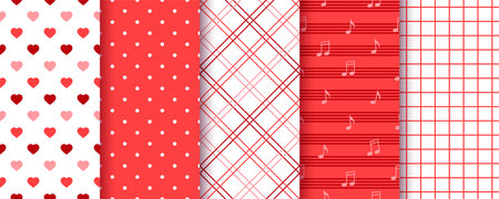 Valentine's day seamless pattern. Red backgrounds. Love textures with heart, dots, and check. Cute romantic print for scrapbooking. Set vintage wrapping papers. Romance backdrops. Vector illustrationのイラスト素材