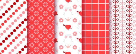 Seamless pattern. Valentine's day background. Prints with heart, flower and check. Set girly love textures. Collection romantic wrapping paper. Red pink backdrop for scrapbooking. Vector illustrationのイラスト素材