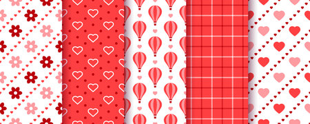 Valentine seamless pattern. Red backgrounds. Romantic textures with hearts, flowers, hot air balloon and check. Set cute retro prints. Love packing papers for scrap design. Vector illustrationのイラスト素材