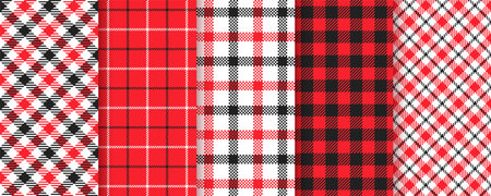Tartan seamless background. Gingham red black pattern. Checkered buffalo texture. Set plaid table cloth prints. Picnic tablecloth. Kitchen napkin textile. Abstract Geometric cloth. Vector illustrationのイラスト素材