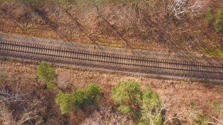 Aerial Drone Flying Over Railway Tracks in Woods on Sunny Day