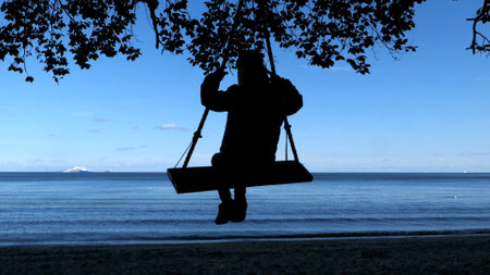 Silhouette of a Girl on Swing Hanging from Tree at Sandy Sea Beachの写真素材