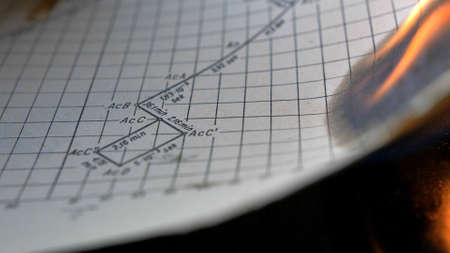 Burning Old Sheet of Paper with Physics Graphs and Formulasの写真素材