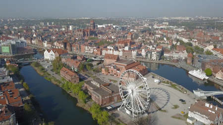 Aerial of Gdansk Old Town Houses Churches River and Cathedral