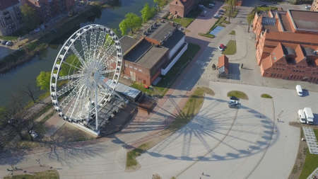 Aerial of Big Ferris Wheel in Gdansk Old Town Polandの写真素材