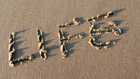Life Word Written on Sandy Beach and Wiped Out by Sea Wave at Sunsetの写真素材