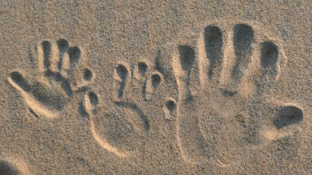 Adult and Children Hands Leave Handprint on Sandy Beach at Sunsetの写真素材