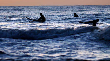 Silhouettes of Surfers Waiting for Waves on Baltic Sea after Sunset Slow Motionの写真素材