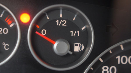 Fuel Gauge and Indicator Lights of Starting and Stopping Car Close Upの写真素材