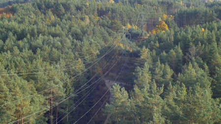 Aerial of High Voltage Power Lines and Transmission Towers inside Autumn Forest