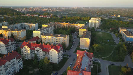 Aerial of Residential Area at Sunset with Blocks of Flats and Housesの写真素材