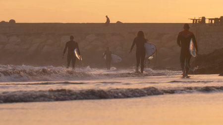 Silhouettes of Surfers Walking on Atlantic Ocean Coast at Sunset in Morocco