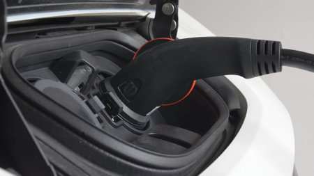 Charging Electric Car With Type 2 Charging Plug Interface Close-Upの写真素材