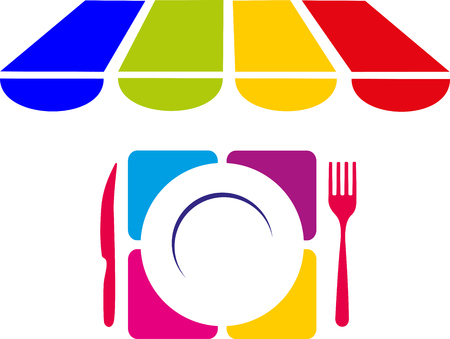 Colorful set of plate, fork and knife for lunch or dinner.のイラスト素材