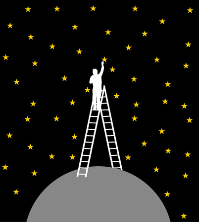 Man on top of planet reaching the starsのイラスト素材
