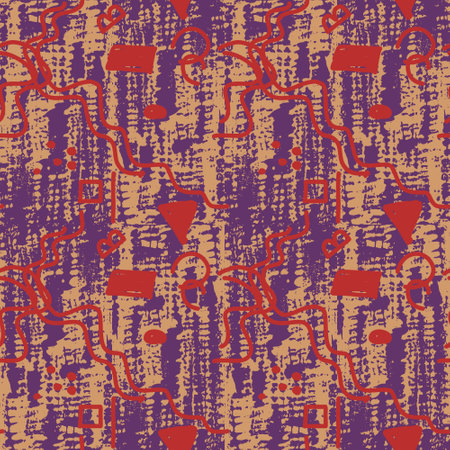Red hand drawn lines and shapes on structured background. Seamless repeatable vector pattern.のイラスト素材