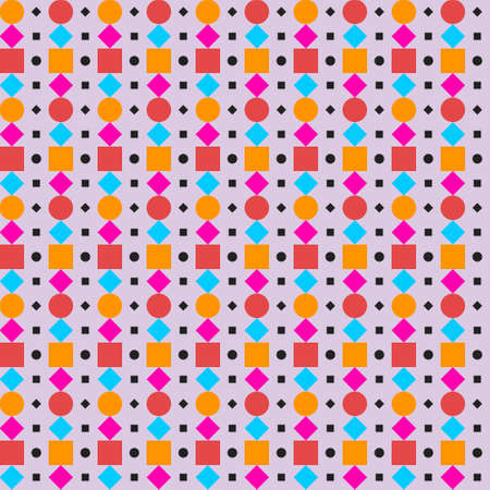 Geometric shapes on lilac background. Colorful circles and squares. Seamless repeatable vector pattern.のイラスト素材