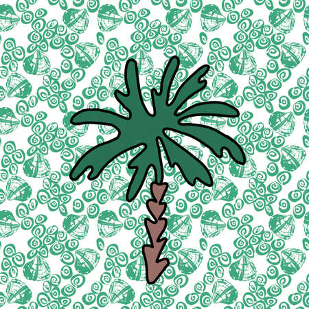 Palm with green and white mussels and shells on the background. Seamless repeatable vector pattern.のイラスト素材