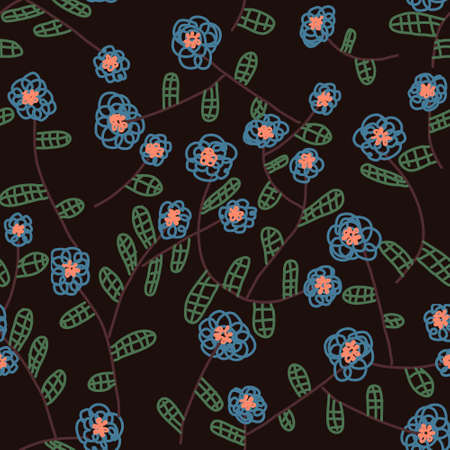 Floral design with abstract flowers on black background. Abstract blue and peach colored flowers and green leaves. Seamless repeatable vector pattern.のイラスト素材