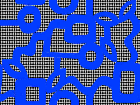 Black and white small grid with bright blue abstract shapes. Hand drawn seamless repeatable vector...