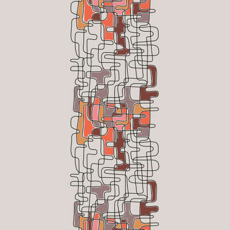 Seamless repeatable vector pattern, stripe with curvy lines and hand painted shapes on light gray...