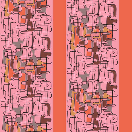 Colorful pattern with curvy, hand painted lines. Seamless repeatable vector pattern with brush painted shapes and orange stripes.のイラスト素材