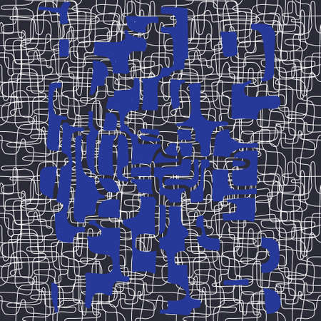 Interesting pattern, blue shapes on black and white abstract background. Seamless repeatable vector pattern, interesting tile.のイラスト素材