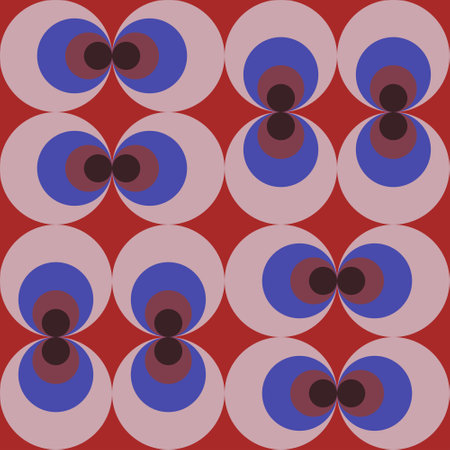 Circles in various shades and sizes, simple geometric design in light to dark violet shades on red background. Seamless repeatable vector pattern.のイラスト素材