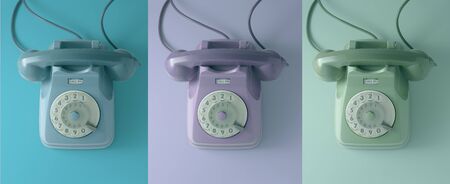 Three vintage dial telephones with colored background. Blue, violet and green.の写真素材