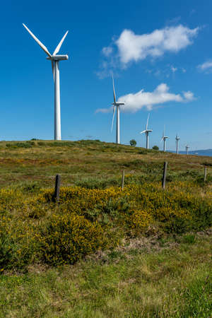 View of wind turbines energy production near the Atlantic Ocean in Galicia, Spain.の写真素材