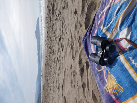 Binoculars on the beachの写真素材
