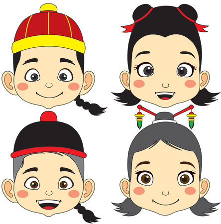 Chinese. Cartoon Face Boy and girl vector illustrationのイラスト素材