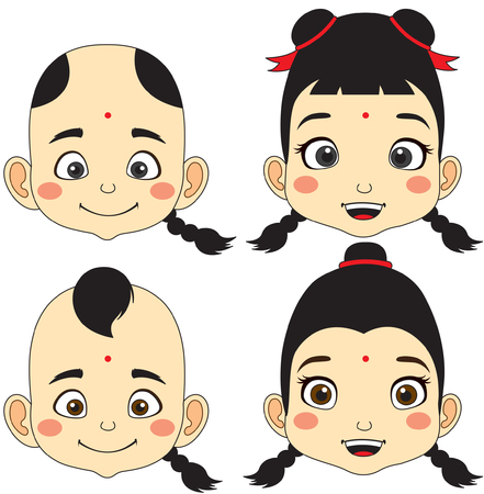 Chinese. Cartoon Face Boy and girl vector illustrationのイラスト素材