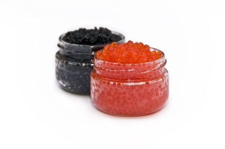 red and black caviar on a white background
