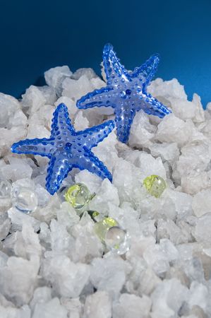 natural marine salt on a blue backgroundの写真素材
