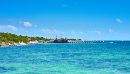 Coastline of northern Cancun at Harbor "Puerto Juarez" - leaving point for "Isla Mujeres" in Mexico / Caribbean coast with clear turquoise waters / Summer vacation in Mexicoの写真素材