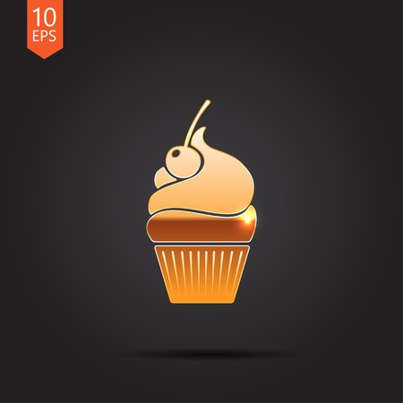 Vector gold cupcake with cherry icon isolated on dark background. Eps10のイラスト素材