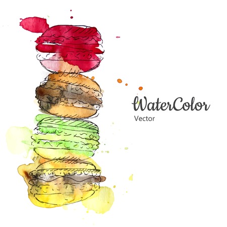 Vector hand painting ala prima abstract watercolor macaroon dessert illustration.のイラスト素材