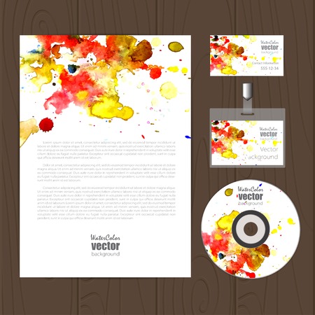 Vector corporate identity template with watercolor elements. Business card, disc, document, badge.  のイラスト素材