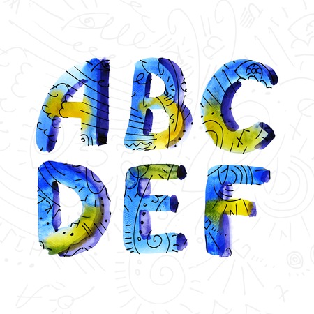 Wector watercolor hand-draw colorful alphabet with doodle. のイラスト素材