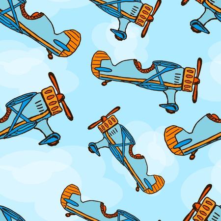 Vector hand draw cartoon airplane seamless background. のイラスト素材