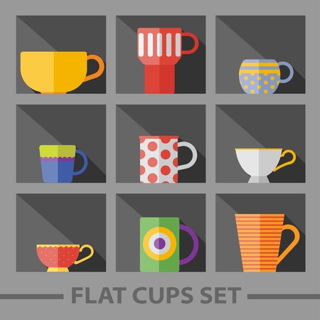 Vector flat color cups on shelf set. のイラスト素材