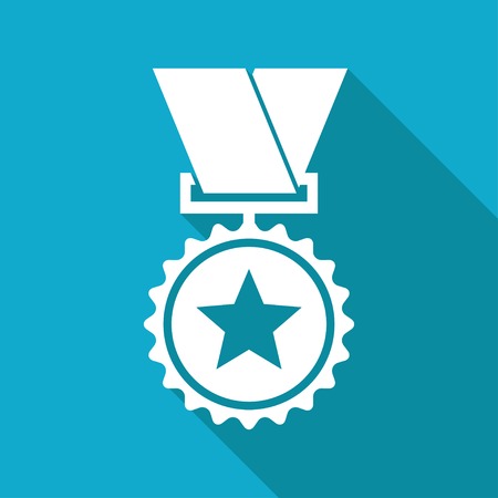Vector flat white medal icon with long shadow on blue background. Winner award.  のイラスト素材