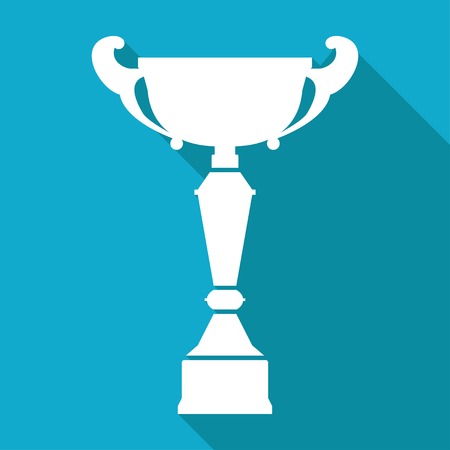 Vector flat white trophy goblet icon with long shadow on blue background. Winner award.  のイラスト素材