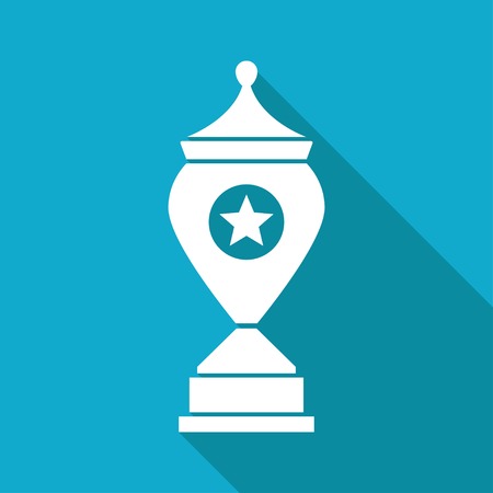 Vector flat white trophy goblet icon with long shadow on blue background. Winner award.  のイラスト素材