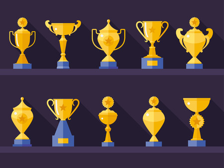 Vector flat golden goblet  icon set with long shadow. Winner award. Eps10のイラスト素材
